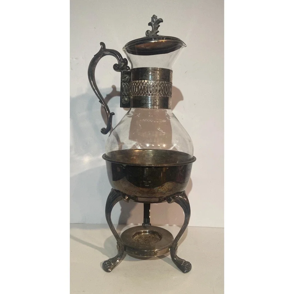 Vintage Silver Plate and Glass Coffee Tea Carafe Warming Stand